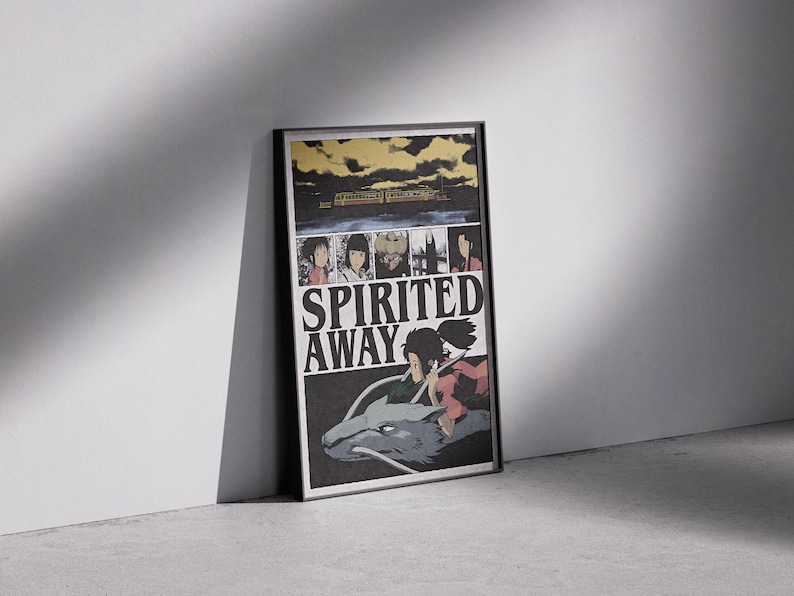 May include: Framed poster featuring artwork from the animated film "Spirited Away." The poster has a black frame and depicts scenes from the movie, including characters and a dragon-like creature. The title "Spirited Away" is prominently displayed.