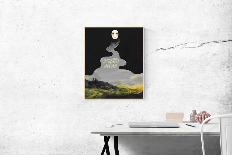 K&ouml;nnte beinhalten: Gerahmter Kunstdruck mit einer stilisierten Illustration aus dem Film "Chihiros Reise ins Zauberland". Das Kunstwerk zeigt eine Ohne-Gesicht-Figur &uuml;ber einer Landschaft mit dem Filmtitel. Die Farbpalette umfasst Schwarz, Grau und Gelb.