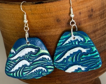 Vina Earrings Hand-Crafted Ceramic Earrings, Ocean Waves with Sterling Silver Findings