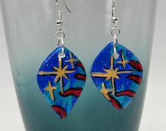 Marguerite Earrings: Hand-crafted Ceramic Dangle Earrings, Acrylic Paint with Sterling Silver Hooks