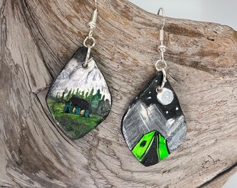 Luna Earrings: Inspired by camping out! Hand-crafted Ceramic Dangle Earrings, Acrylic Paint with Sterling Silver Hooks