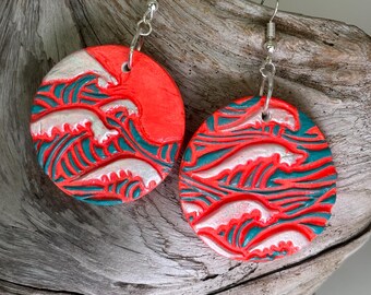 Georgiana Earrings: Hand-Crafted Ceramic Dangle Earrings, Ocean, Neon Yellow, Gold, Pink, Sterling Silver Hooks