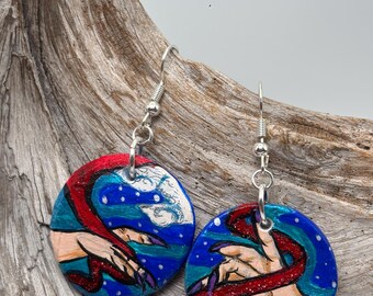 Permelia Earrings: Inspired by the Tarot! Hand-crafted Ceramic Dangle Earrings, Acrylic Paint with Sterling Silver Hooks