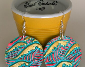 Olga Earrings: Hand-Crafted Ceramic Dangle Earrings, Ocean, Neon Yellow, Gold, Pink, Sterling Silver Hooks