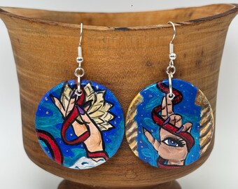 Mahala Earrings: Inspired by the Tarot! Hand-crafted Ceramic Dangle Earrings, Acrylic Paint with Sterling Silver Hooks