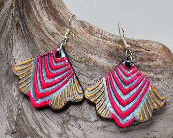 Mindy Earrings: Hand-Painted Ceramic Dangle Earrings, Sterling Silver Findings, Pink, Gold, Teal