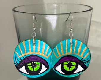 Iva Earrings: Hand-crafted Ceramic Dangle Earrings, Acrylic Paint, Sterling Silver Ear Hooks