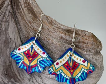 Etta Earrings: Hand-Crafted Ceramic Dangle Earrings, Acrylic Paint, Sterling Silver, Geometric Design