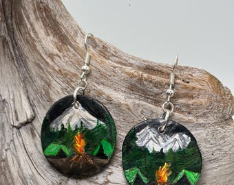Virginia Earrings: Inspired by camping out! Hand-crafted Ceramic Dangle Earrings, Acrylic Paint with Sterling Silver Hooks