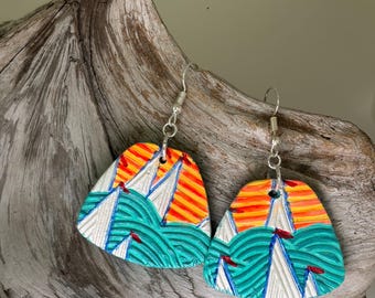 Frida Earrings: Hand-crafted Ceramic Dangle Earrings, Acrylic Paint with Sterling Silver Ear Hooks, Boats