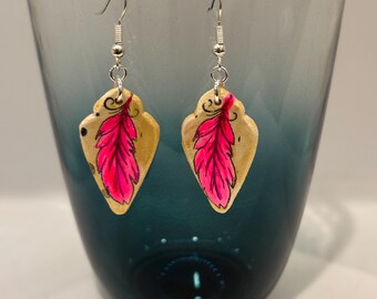 Angeline Earrings: Hand-crafted Ceramic Dangle Earrings, Acrylic Paint with Sterling Silver Ear Hooks, feathers