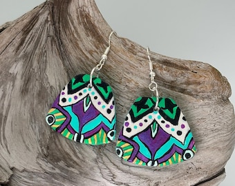 Julia Earrings: Hand-Crafted Ceramic Dangle Earrings, Acrylic Paint, Sterling Silver, Geometric Design