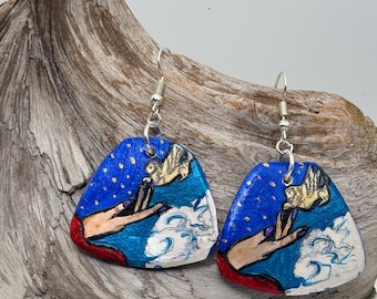 Markella Earrings: Inspired by the Tarot! Hand-crafted Ceramic Dangle Earrings, Acrylic Paint with Sterling Silver Hooks
