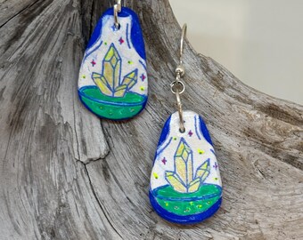 Lyrica Earrings: Hand-crafted Ceramic Dangle Earrings, Acrylic Paint, Sterling Silver Ear Hooks