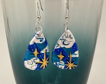 Zada Earrings: Hand-crafted Ceramic Dangle Earrings, Acrylic Paint with Sterling Silver Hooks