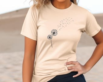 ボヘミアンタンポポTシャツ、ウィンドフラワーレディースシャツ、レディースグラフィックTシャツ、花柄シャツ、自然愛好家へのギフト、ミニマリストTシャツ、春のファッション