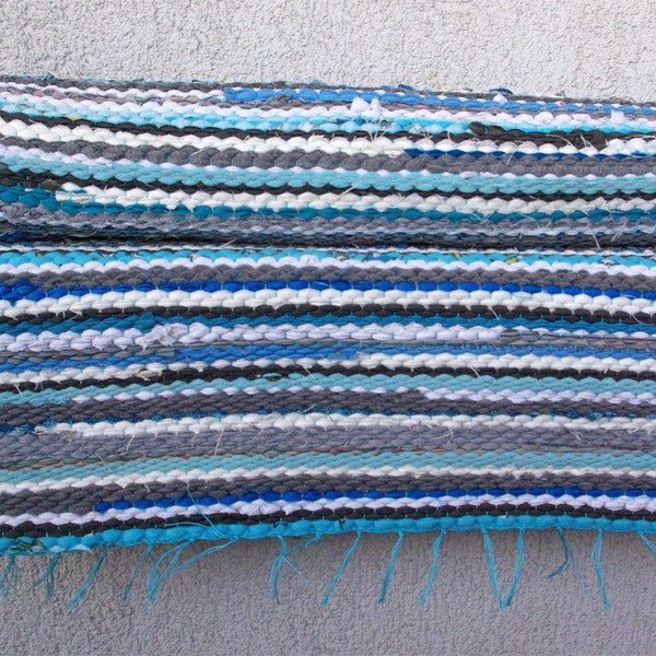 Hand woven Rag Rug - Turquoise, Cyan, Blue, Grey, White 2.43'  x 5.23'