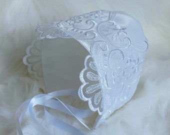 Christening Baby Bonnet, Baptismal Bonnet, Blessing Bonnet, Naming Ceremony Bonnet, White Embroidered Organza Satin Lined, with Heart Detail