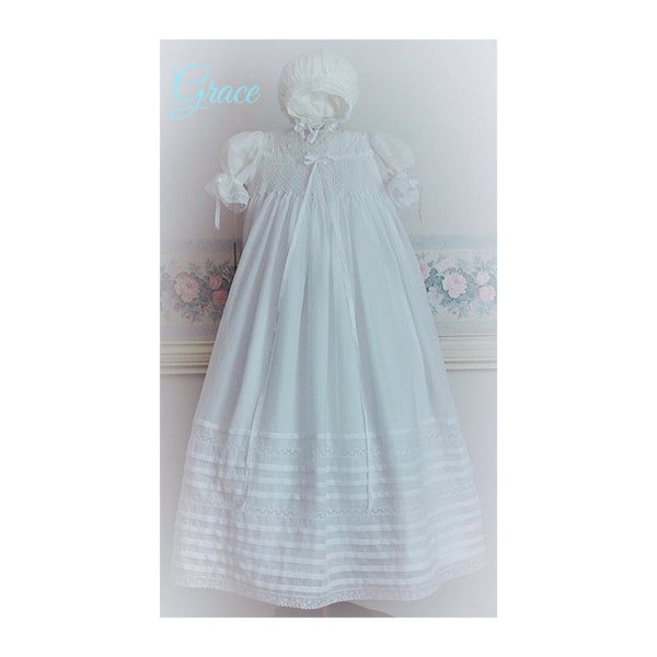 Christening Gown, Baptism, white Swiss Cotton Voile, Heirloom, Hand smocked and embroidered French laces Size 12 months Ready to Ship