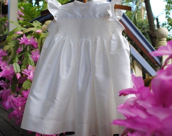 Silk hand Smocked Baby Girls dress, size newborn to 3 months, ivory, ready to ship, a little bit of glam dress for baby