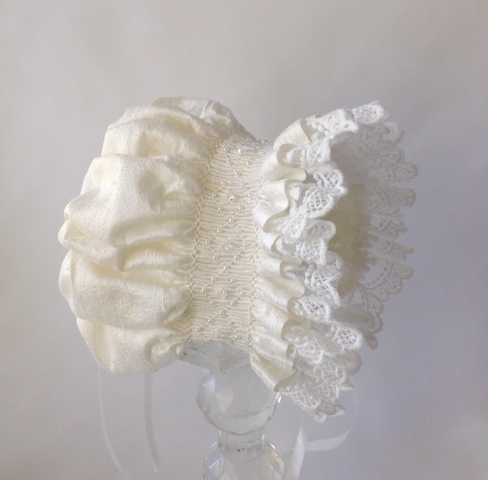 Hand Smocked Natural White Silk Christening Baby Bonnet, Lace Baby ...