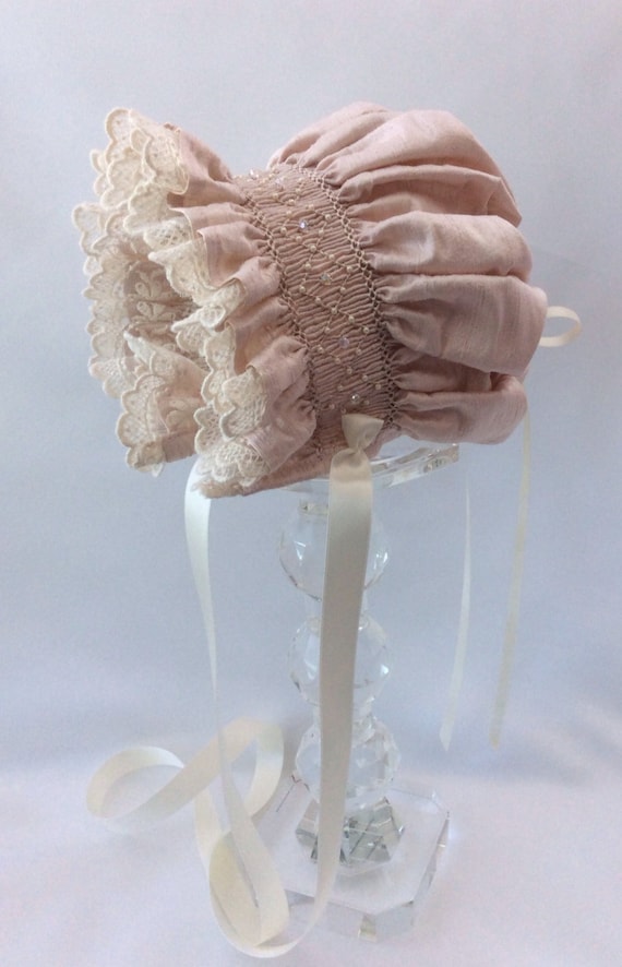 Baby Bonnet, Pink Silk and Lace, Sizes Newborn, 3, 6, 12 and 18