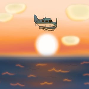 Pode incluir: Ilustração de desenho animado de um hidroavião voando sobre o oceano ao pôr do sol. O avião é azul e branco, com uma hélice. O céu é laranja e amarelo, com um grande sol e algumas nuvens. O oceano é azul escuro com reflexos alaranjados.