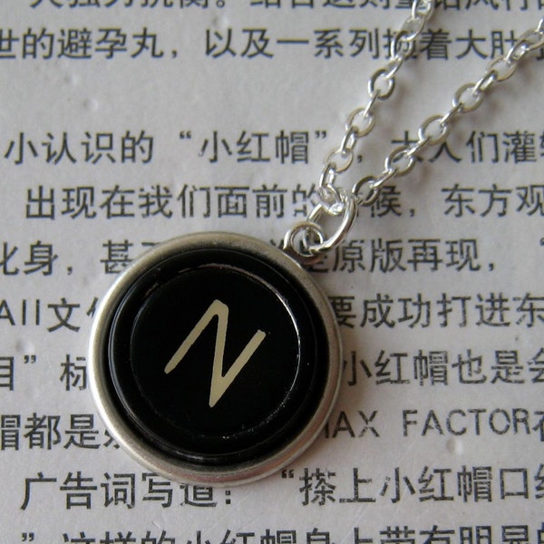 Typewriter key necklace - vintage black key - letter initial N