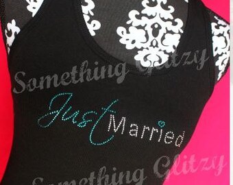 CLEARANCE- M Black Fitted Tee- Just Married Girly Rhinestone Tank Top
