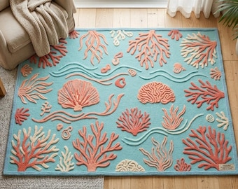 Hand Tufted Coral Reef Rug, Ocean Theme Coastal Carpet, Nursery Playroom Decor
