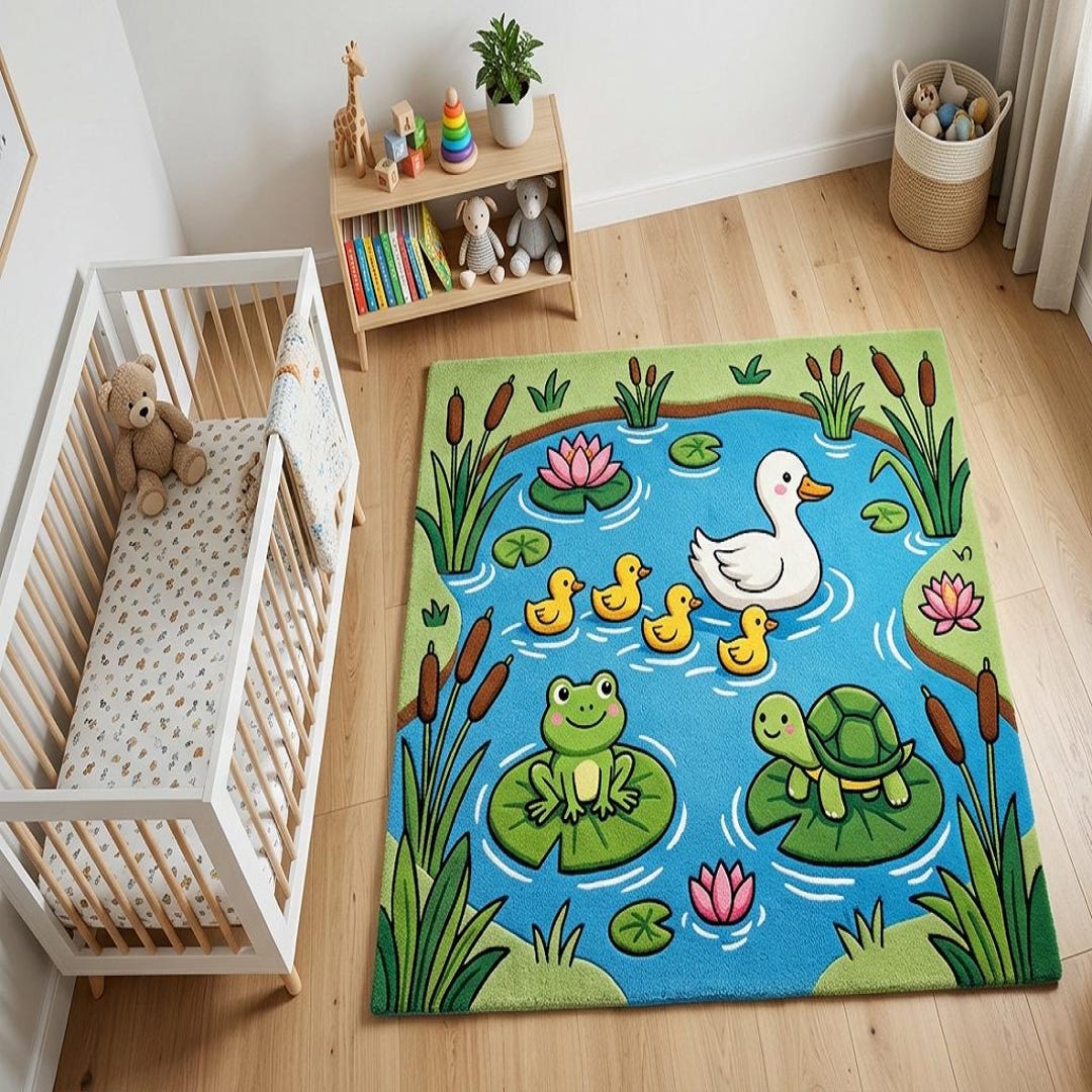 Kids Nursery Rug Pond Animal Theme, Hand Tufted Duck Frog Turtle ...