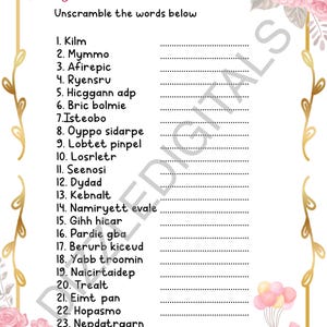 Baby Shower Game Word Unscramble- Pink and Gold