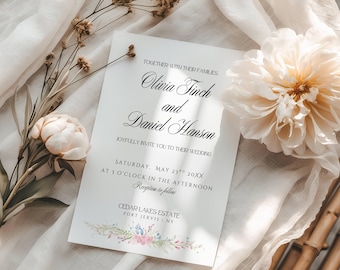 Minimalistische Blumenhochzeitseinladungsschablone mit einem eleganten Wasserfarbenentwurf