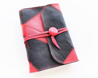 Black and red leather journal with a button handmade leather notebook diary junk book, gift for writers, blank craft sketch paper, 240 pages