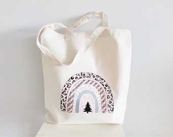 Canvas tote bag Christmas Tree Rainbow embroidered shopping bag, versatile cotton Tote, Canvas bag, casual everyday Tote, farmers market bag