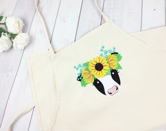 Organic cotton embroidered Apron Sunflower Cow embroidery cooking canvas apron Pinafore Kitchen Smock baking bakers apron, Housewarming Gift