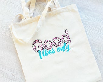 Canvas tote bag Good Vibes Alleen geborduurde boodschappentas, katoenen tas, Tote bag, Canvas tas, casual dagelijkse Tote, boerenmarkt tas