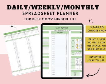 Busy Moms Ultimate Mindful Life Planner Organizer Spreadsheet Daily Weekly Monthly Habit Tracker