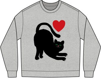 大人用：長袖Tシャツ　ハートマーク付きストレッチする黒猫｜猫好きのためのシャツ