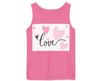 Adult: Tank Top Pink Heart Love | Valentines heart lettering graphic