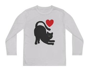 Youth: Long Sleeve Black Stretching Cat with Red Heart