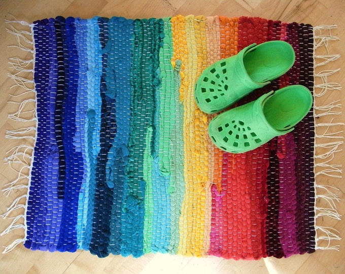 Rainbow Rag Rug Handwoven Etsy