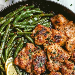 Può includere: Una padella di cosce di pollo e fagiolini cotti. Il pollo è dorato con erbe aromatiche e i fagiolini sono di un verde brillante. Una fetta di limone aggiunge un tocco fresco al piatto. Un pasto delizioso e salutare.