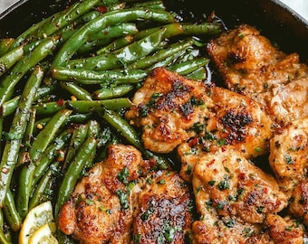 Puede incluir: Una sartén con muslos de pollo y judías verdes cocinados. El pollo es dorado con hierbas, y las judías verdes son de color verde brillante. Una rodaja de limón añade un toque fresco al plato. Una comida deliciosa y saludable.