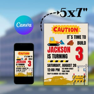 Construction Birthday Invitation Template – Editable Builder Party Invite for Boys – 3rd Birthday Excavator Card
