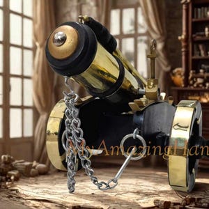 Antique Wooden Cannon Showpiece 12.6 In Handmade Brass and Wood Decorative Cannon Vintage Artillery Replica, Home Decor, Office Table Decor