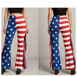 Handmade Customized American Leather Fringe Pants 4th of July Festival Pants Patriotic Western Rodeo Pants Unisex Country Concert Costume.