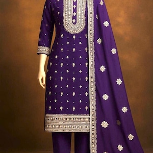Heavy Embroidered Georgette Suit Set for Women, Purple Party Wear Kurta with Dupatta, Indian Wedding Dress, Handmade work, custom sizes