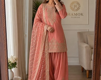 Hermoso conjunto de traje Salwar Kameez de diseñador color naranja con dupatta, traje de boda de 3 piezas, traje con bordados, traje de vestir pakistaní