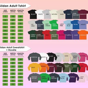 May include: A product catalog featuring Gildan adult t-shirts and sweatshirts with hoodies. The t-shirts and sweatshirts are available in various colors, including black, white, navy, and red. Size charts are provided, with widths ranging from 18 to 32 inches and lengths from 28 to 35 inches.